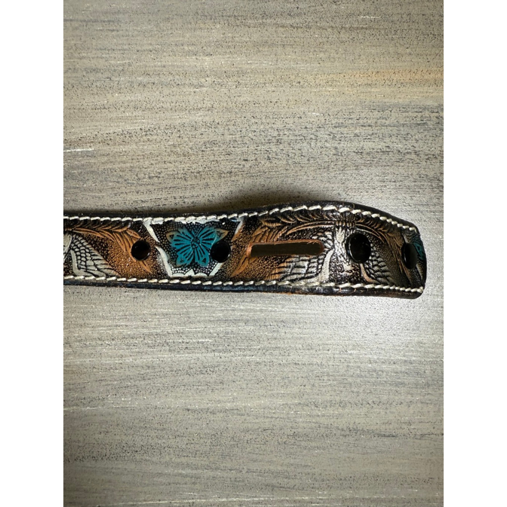 Vintage Tooled Cowhide Leather Belt Eagle/Floral Teal 26 Waist - Picture 7 of 12
